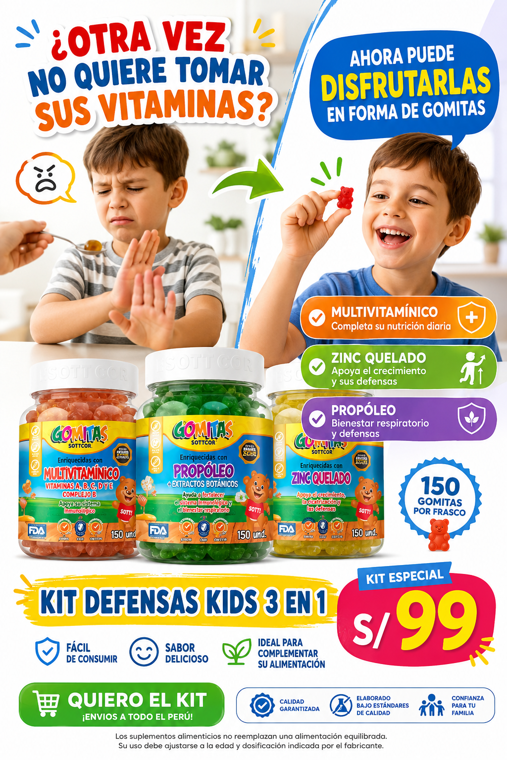 Kit Gomitas para Niños | Multivitamínico + Zinc Quelado + Propóleo | 150 Gomitas por Frasco